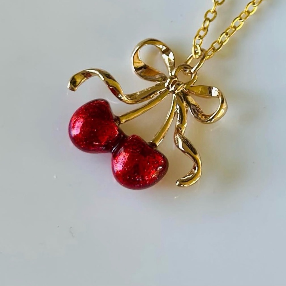 Gold and Red Cherry Pendant Necklace